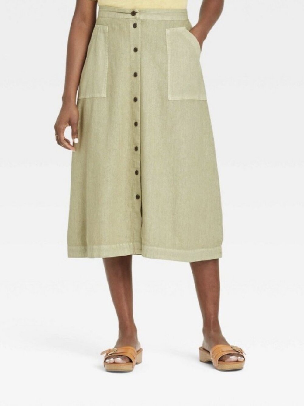 Pistachio Green Linen Blend Button Front Midi Skirt - Size S